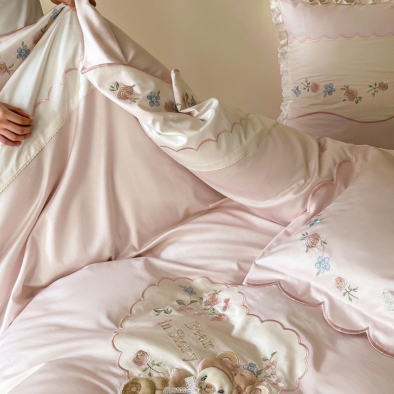 Embroidered Ruffled Satin-Feel Floral Duvet Cover Set with Decorative Bolster and Scalloped Hem