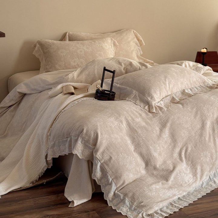 Lace-Trim Cotton-Linen Jacquard Duvet Cover Set with Ruffled Edge