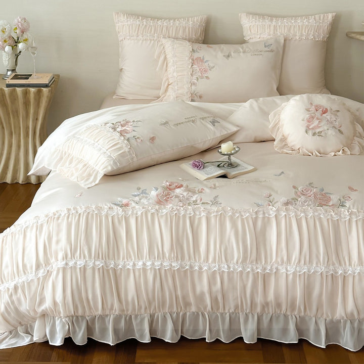 Ruffled Embroidered Rose-Print Cotton Sateen Duvet Cover & Sham Ensemble with Frilled Bedskirt-Style Hem