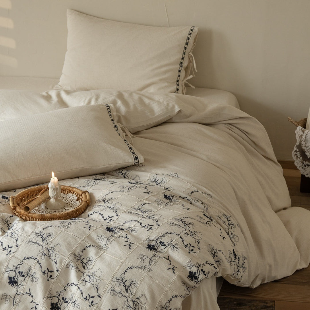 Embroidered Linen Duvet Cover Set with Vintage Patchwork Floral Design