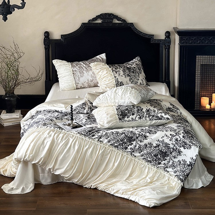 Premium cotton satin duvet cover set with ruffled frill and decorative bed skirt