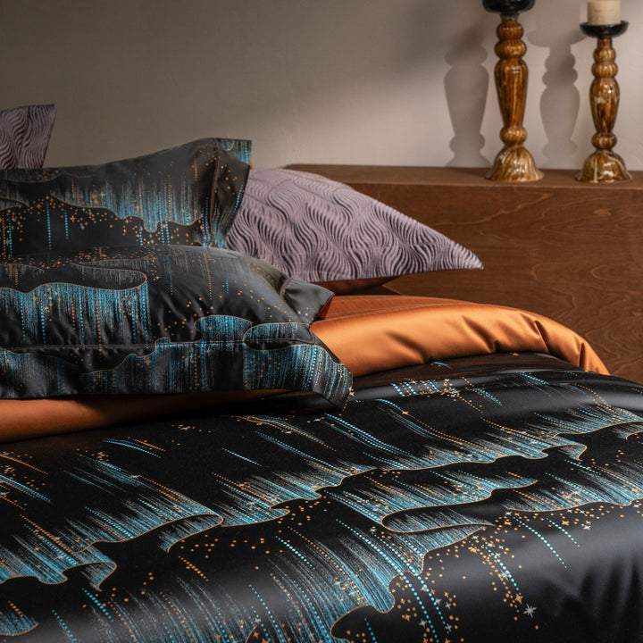 Luxurious satin bedding set with jacquard lace pattern and decorative pillow