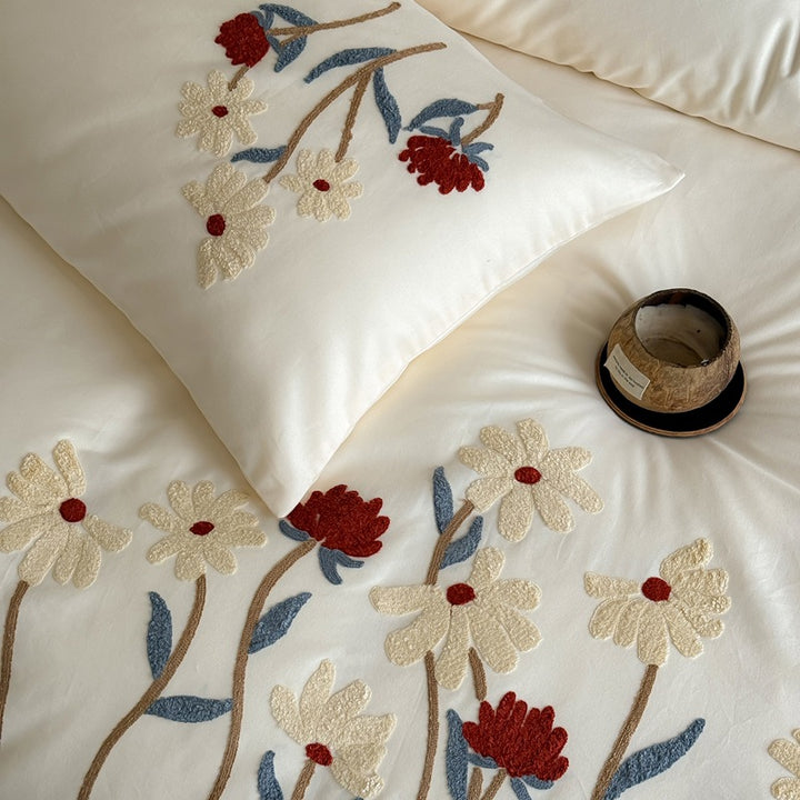 Embroidered Botanical Cotton Percale Duvet Cover Set with Appliqué Flowers and Envelope Shams
