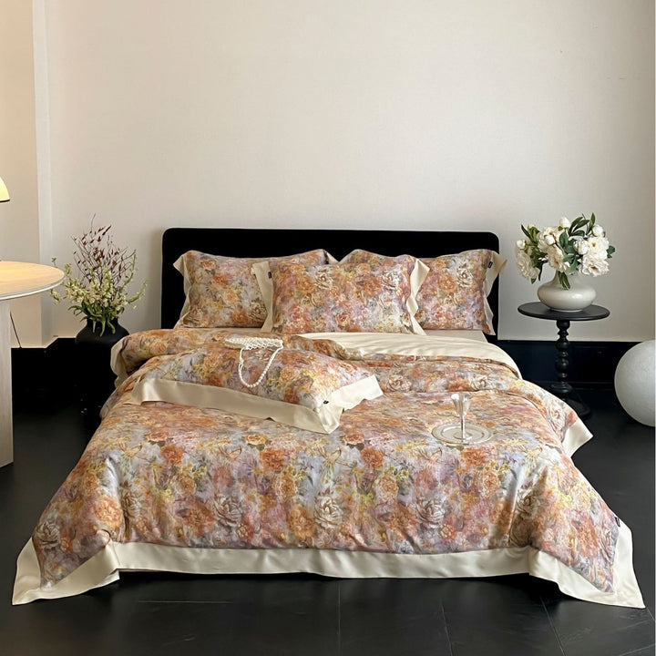 Luxurious cotton satin bedding set with watercolor marble print and fine hem edge