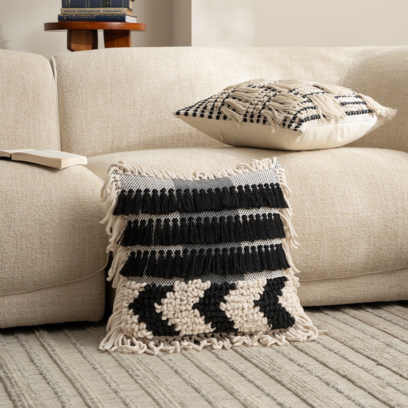 Boho cushion cover with macrame, tassels and relief texture Stornfield