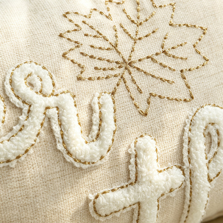 Embroidered Autumn Maple Lumbar Pillow Cover with Textured Chenille Leaf Appliqué