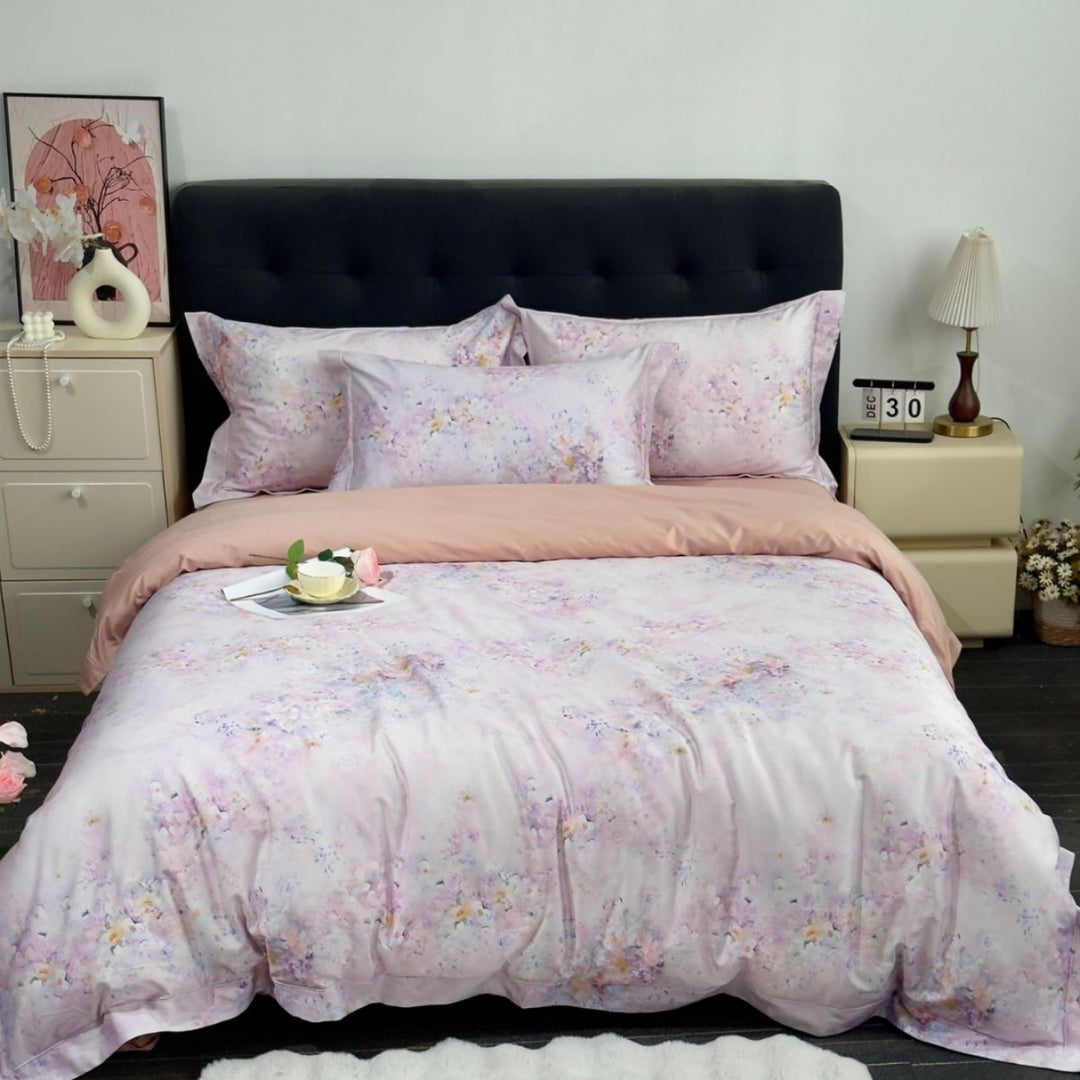 Satin bedding set with delicate floral and butterfly print and reversible function
