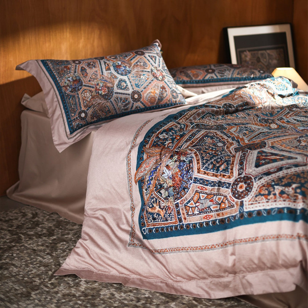 Ornate Mosaic-Print Cotton-Sateen Duvet Cover Ensemble with Solid Sateen Border & Pillow Shams
