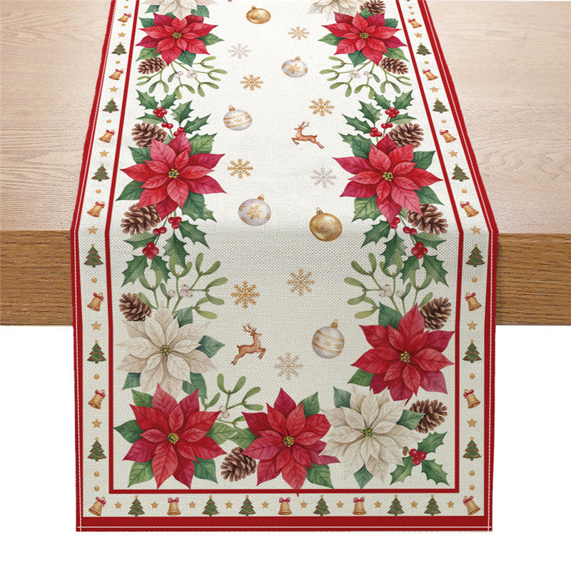Festive Cotton-Linen Christmas Table Runner with Santa Truck and Snowman Illustration