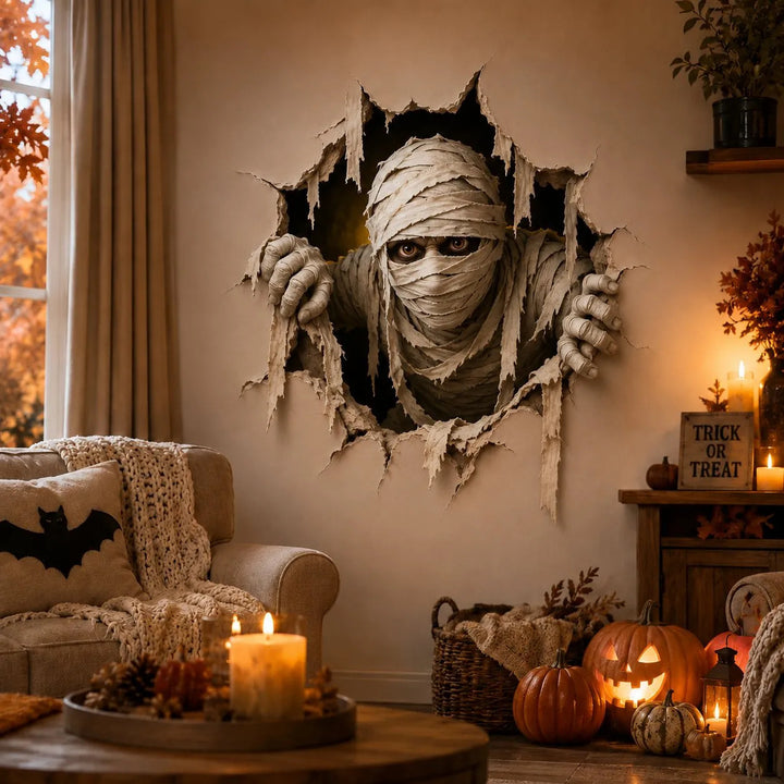 Three-dimensional Halloween wall sticker witch with hole-in-wall effect and pumpkin lantern