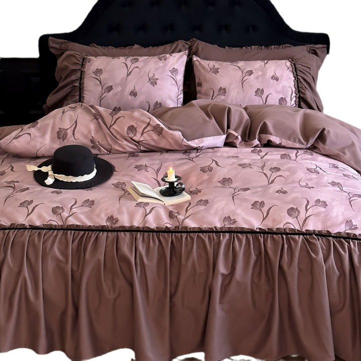 Romantic bedspread and pillow set with rose watercolor, ruffle, and satin trim