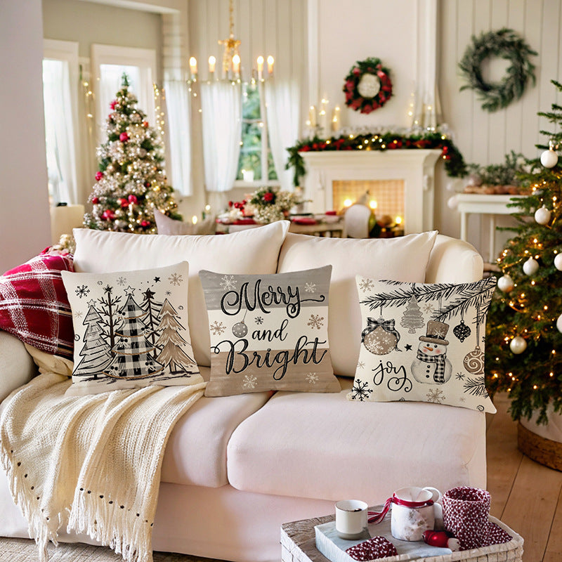Square Cotton-Linen Holiday Throw Pillow Cover with Handlettered Merry and Bright Script and Snowflake Ornament