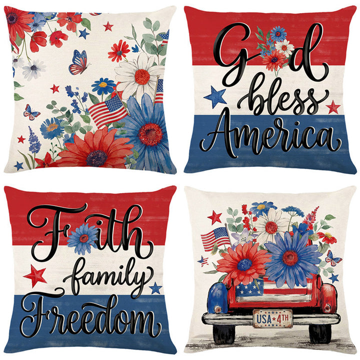 Patriotic Decorative Throw Pillow Cover with Script Typography and Floral Accent