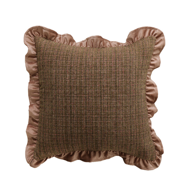 Square decorative pillow with woven linen texture and decorative ruffled edge