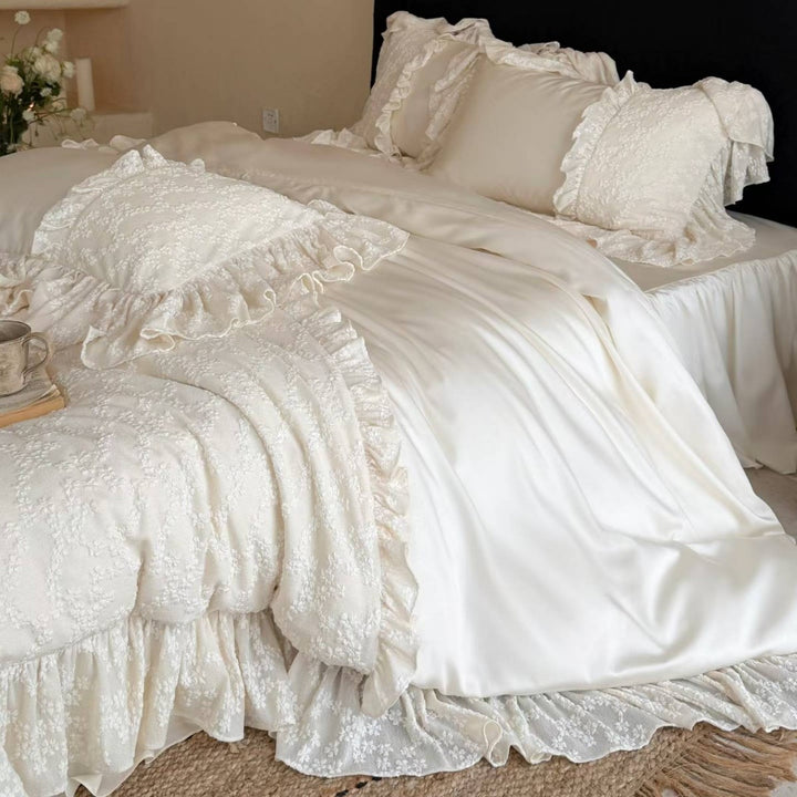 Luxurious Ruffled Lace Embroidered Duvet Cover Set with Satin Sheet
