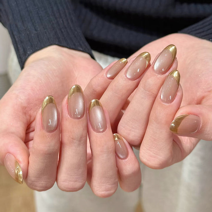 Glossy French Tip Press-On Nails with Metallic Accents