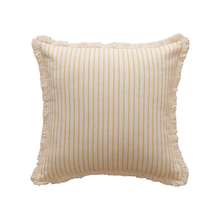 Square Striped Canvas Throw Pillow with Natural Fringe Trim