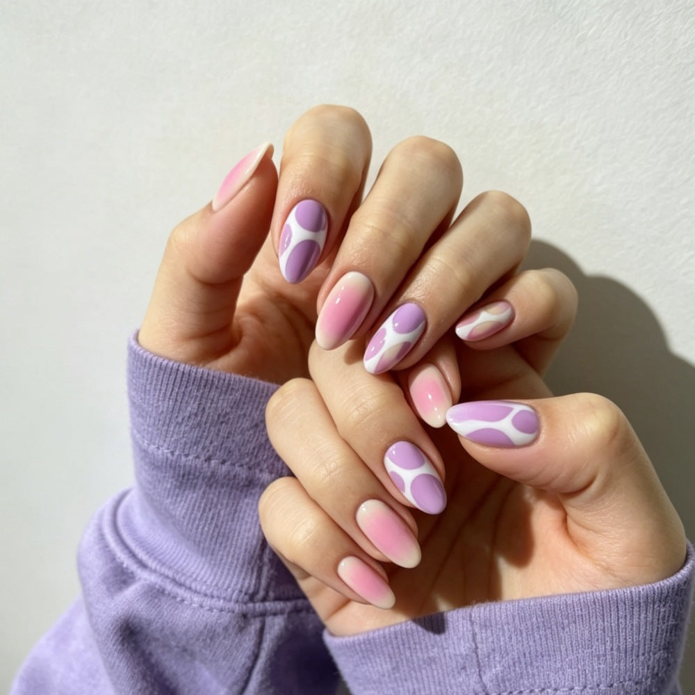 Artistic Glossy Press-On Nail Set with Decorative Abstract Patterns Stornfield