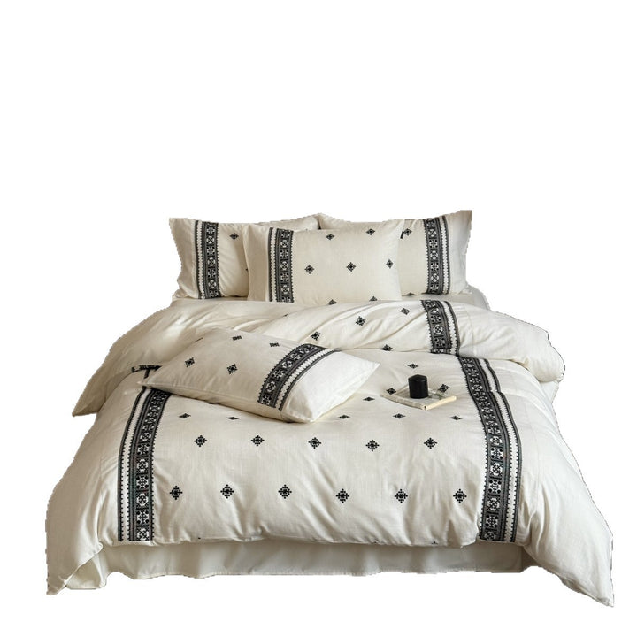 Hand-Embroidered Bohemian Cotton-Linen Duvet Cover Set with Decorative Border and Envelope Shams