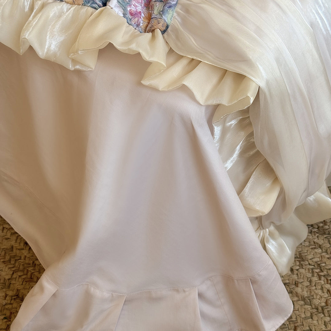 Floral Ruffled Satin-Trim Duvet Cover Set with Pleated Bed Skirt and Pillow Shams