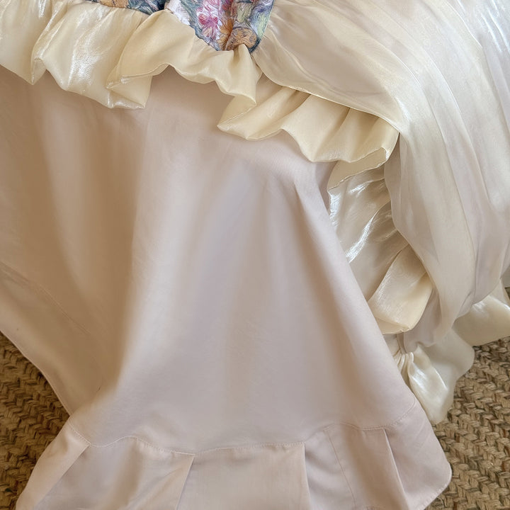 Floral Ruffled Satin-Trim Duvet Cover Set with Pleated Bed Skirt and Pillow Shams