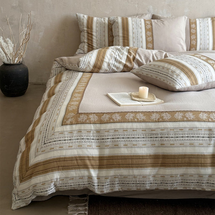 Reversible Cotton-Linen Blend Duvet Cover Set with Decorative Border and Striped Pillow Shams