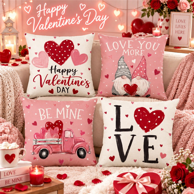 Decorative Cotton-Linen Square Throw Pillow Cover LOVE Heart Print with Hidden Zipper