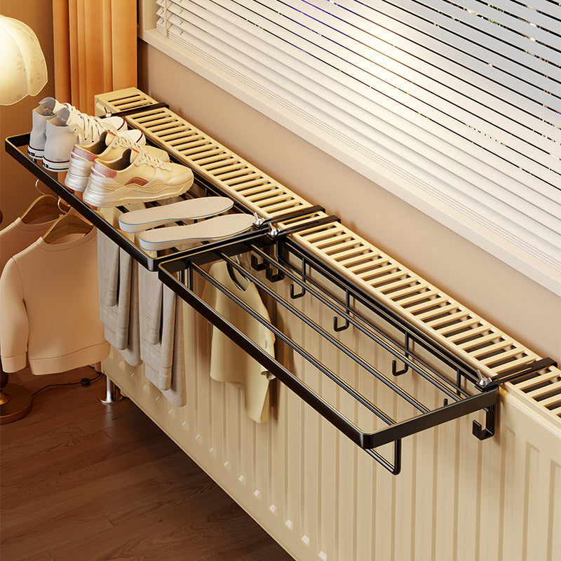 Radiator-Mounted Foldable Drying Rack with Shoe Shelf and Multi-Hook Garment Rail