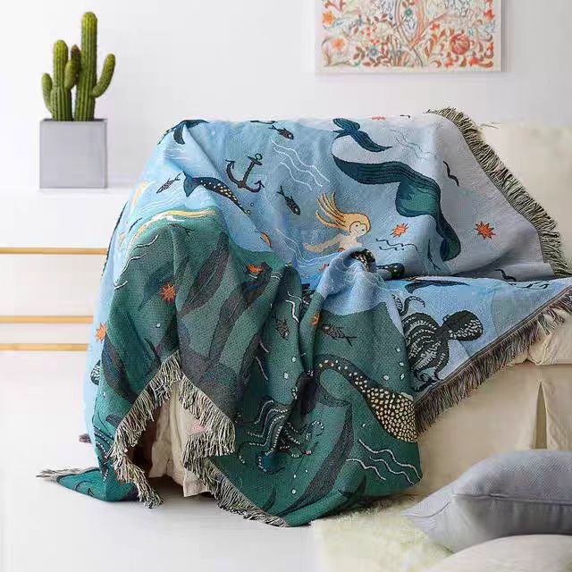 Artistic Mermaid-Themed Woven Throw Blanket
