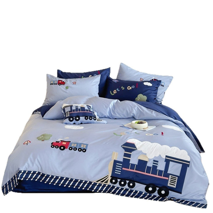 Children's duvet cover set with pull application made of cotton satin and reversible function