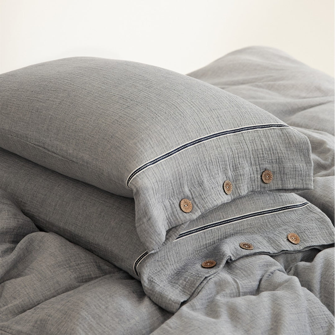 Crinkled Cotton Gauze Duvet Cover & Button-Closure Pillowcase Set with Decorative Metal Buttons and Contrast Tape Trim