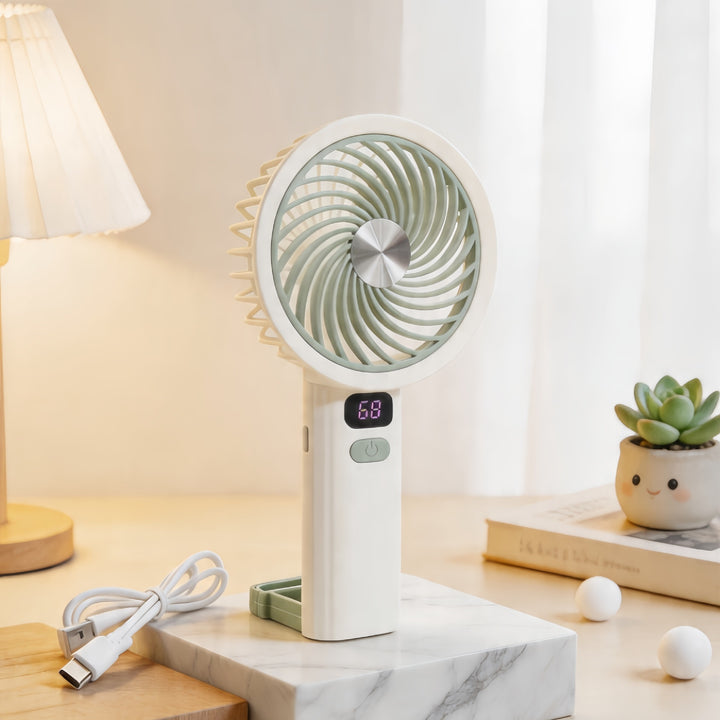 Ladies Portable Hand Fan with LCD Temperature Display and Rechargeable Battery Stornfield