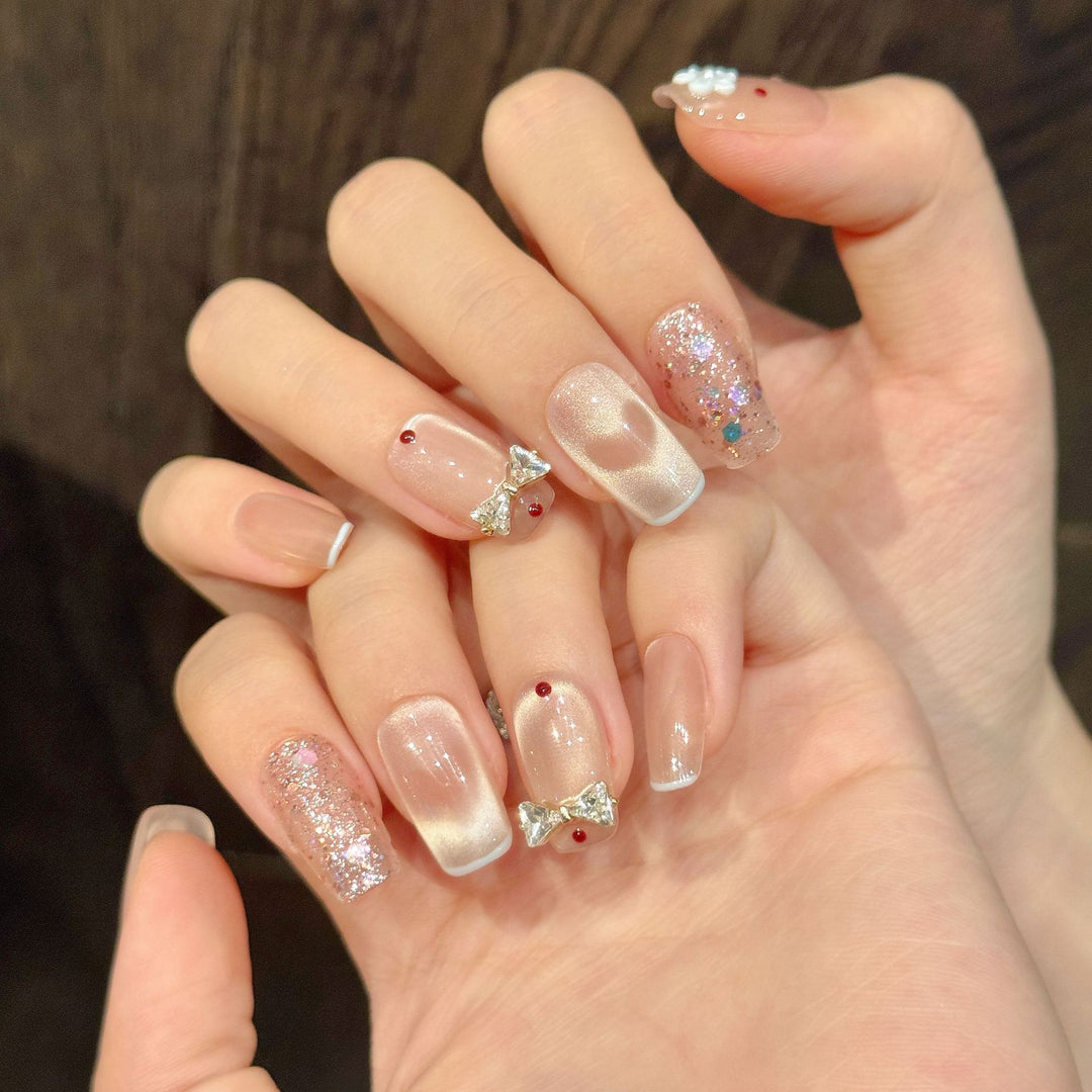 Decorative Press-On Nail Art Set with Glitter and Bow Accents
