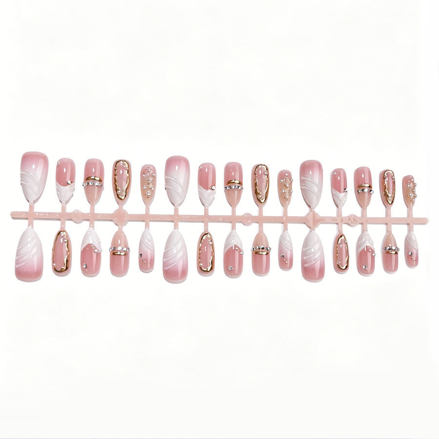 Elegant Pointed Press-On Nail Art Set with Gold Accents Stornfield