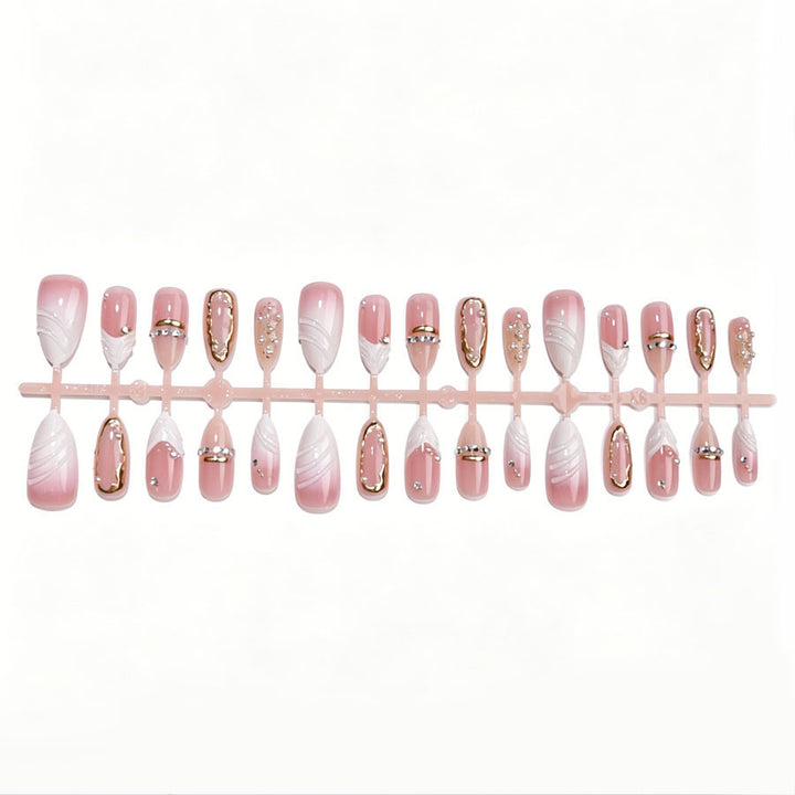 Elegant Pointed Press-On Nail Art Set with Gold Accents Stornfield