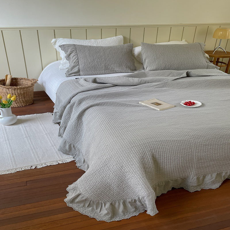 Quilted Washed Linen Bedspread Set with Frayed Lace Edge and Matching Pillow Shams