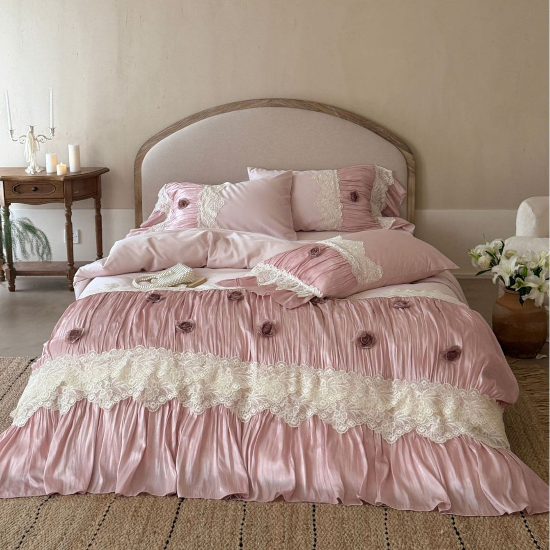 Satin duvet cover set with fine gathers, lace border and 3D rose appliqués