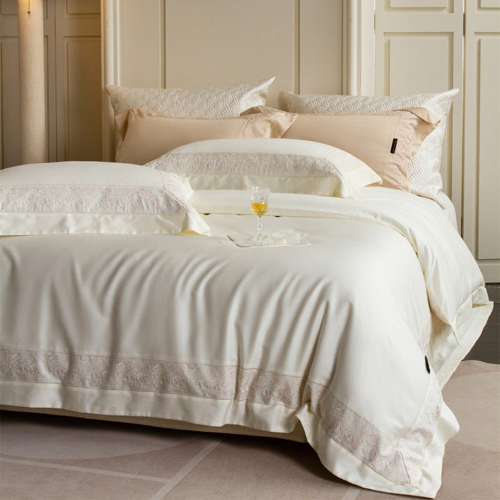 Silky Sateen Duvet Cover Set with Floral Lace Inset and Deep-Pocket Pillow Shams