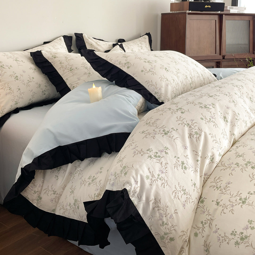 Floral Duvet Cover Set with Ruffled Contrast Border and Bunny Accent Pillow Shams