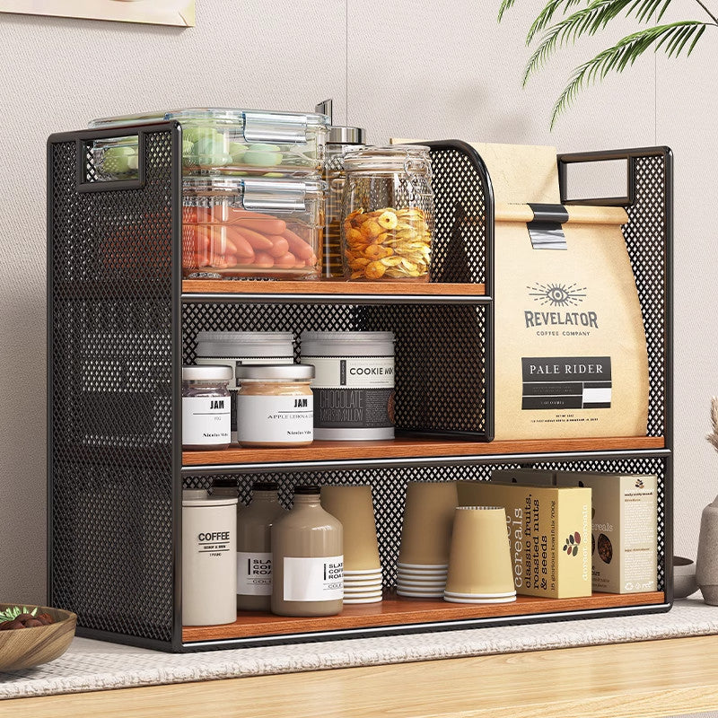 Metal Mesh Countertop Pantry Organizer with Multi-Tier Shelves and Vertical Bag Compartment