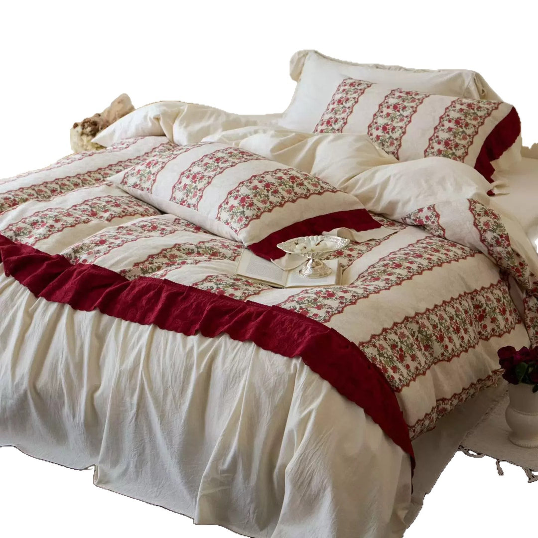 Patchwork-Striped Floral Quilted Duvet Cover Set with Frilled Hem & Envelope Shams