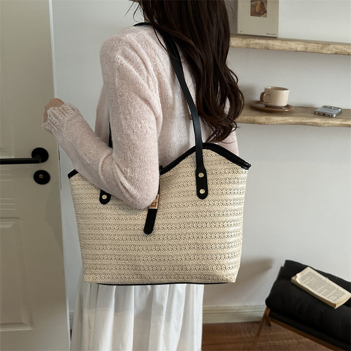 Woven Straw Tote Bag with Leather Accents