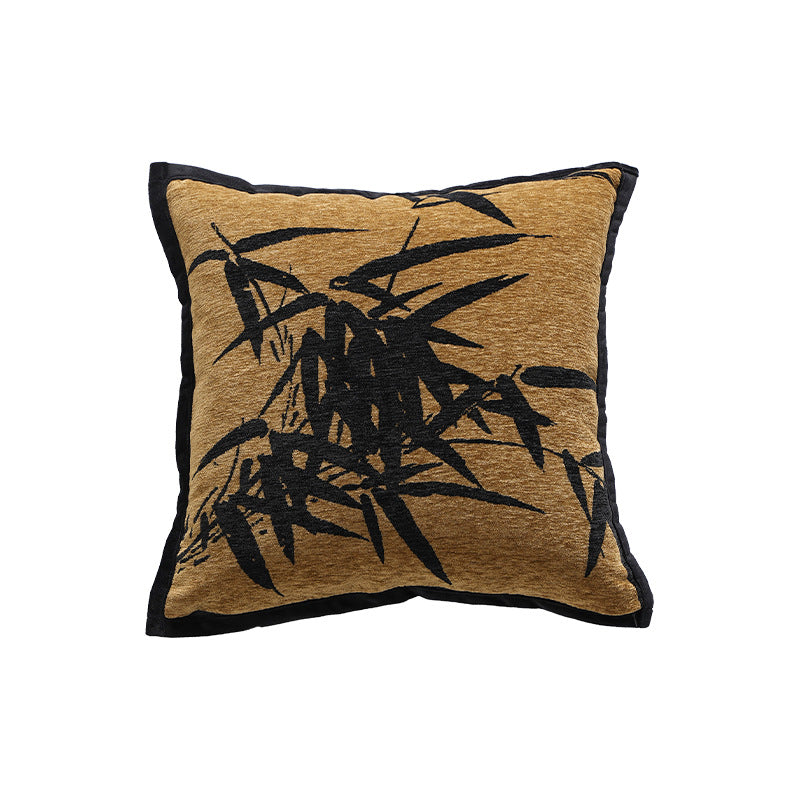 Decorative velvet cushion with embroidered bamboo motif and piping