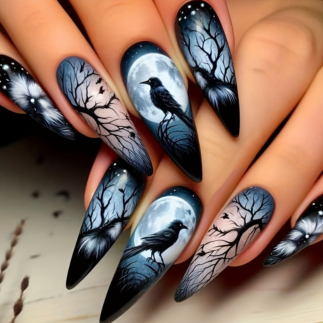 Creative artificial nails with mystical moon and crow design Stornfield