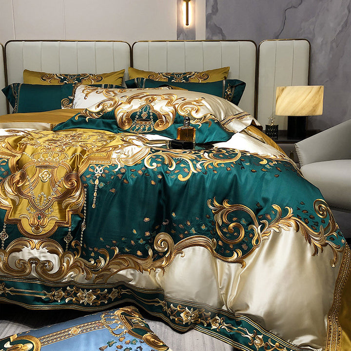 Silky Floral Embroidered Satin Duvet Cover Bedding Set with Scalloped Hem & Pillow Shams