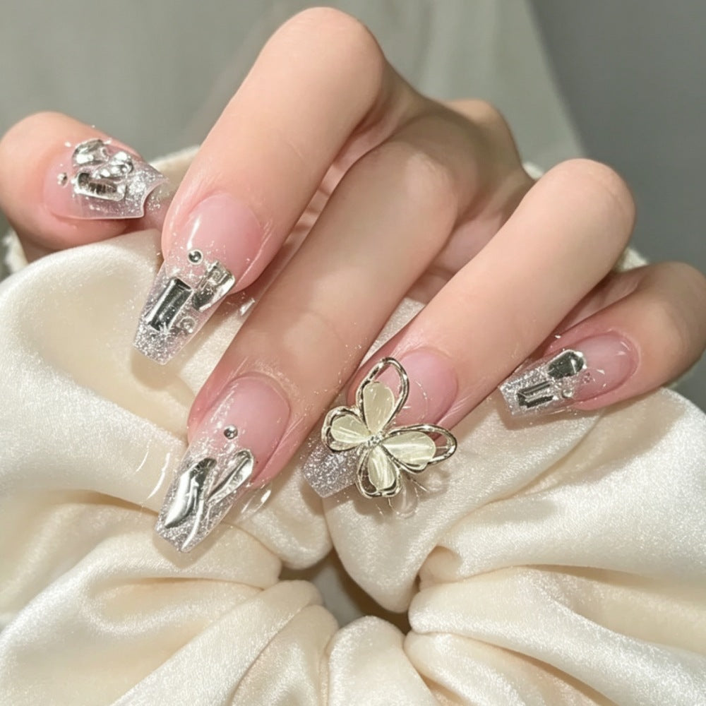 Glamorous Press-On Nail Set with Floral and Glitter Accents Stornfield