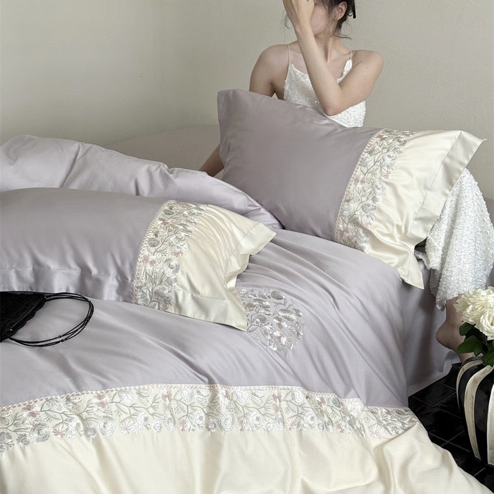 Embroidered Floral Luxury Duvet Cover Set with Lace-Trim Pillow Shams