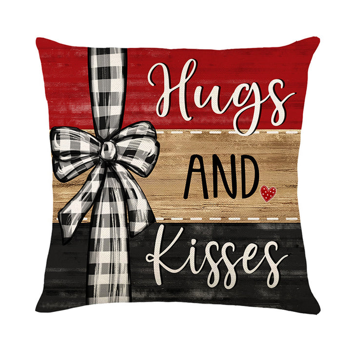 Decorative Square Throw Pillow Cover with Script 'Loved and Blessed' Print and Buffalo-Check Bow Accent