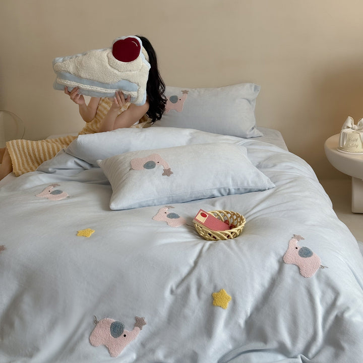 Embroidered Puppy Motif Cotton-Sateen Duvet Cover Set