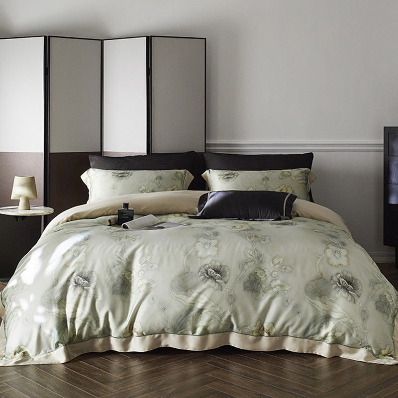 Premium cotton satin duvet cover set with watercolor flower pattern and silky matte touch